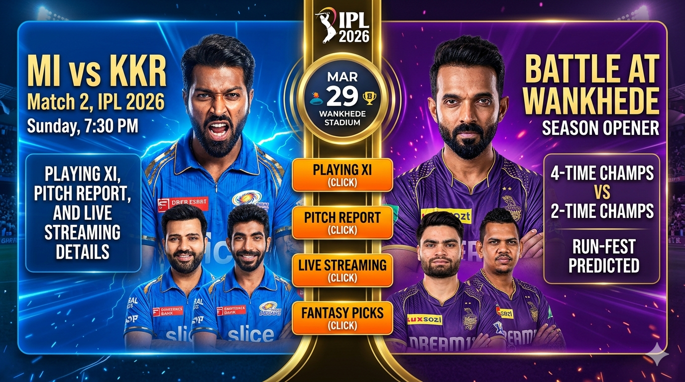 MI VS KKR IPL 2026 Match 2: Playing XI, Pitch Report, and Live Streaming