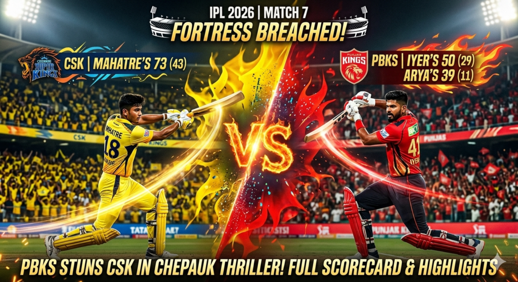 CSK vs PBKS Match 7 Highlights, CSK vs PBKS 2026 Scorecard and Result Match 7