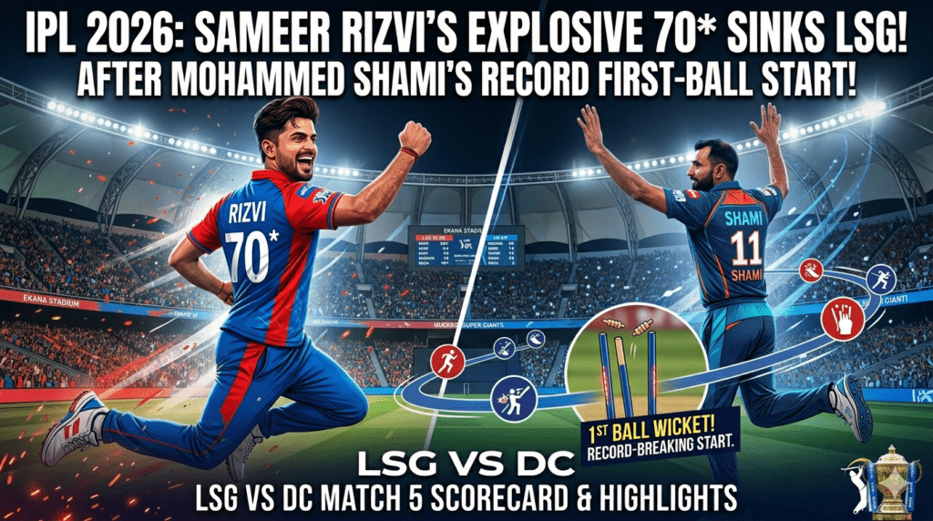 "IPL 2026: Sameer Rizvi's Explosive 70 Sinks LSG After Mohammed Shami's Record Start!"LSG vs DC Match 5 Scorecard