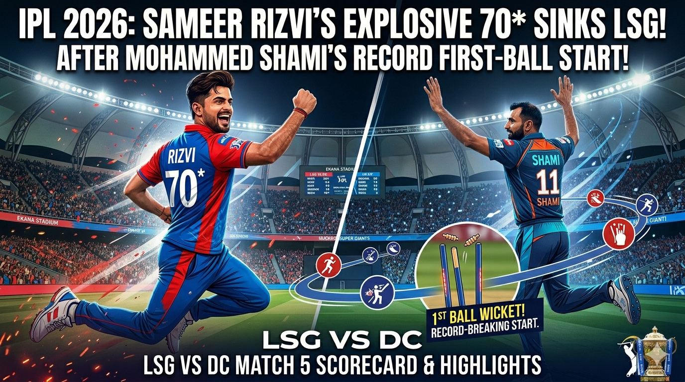 "IPL 2026: Sameer Rizvi's Explosive 70 Sinks LSG After Mohammed Shami's Record Start!"LSG vs DC Match 5 Scorecard